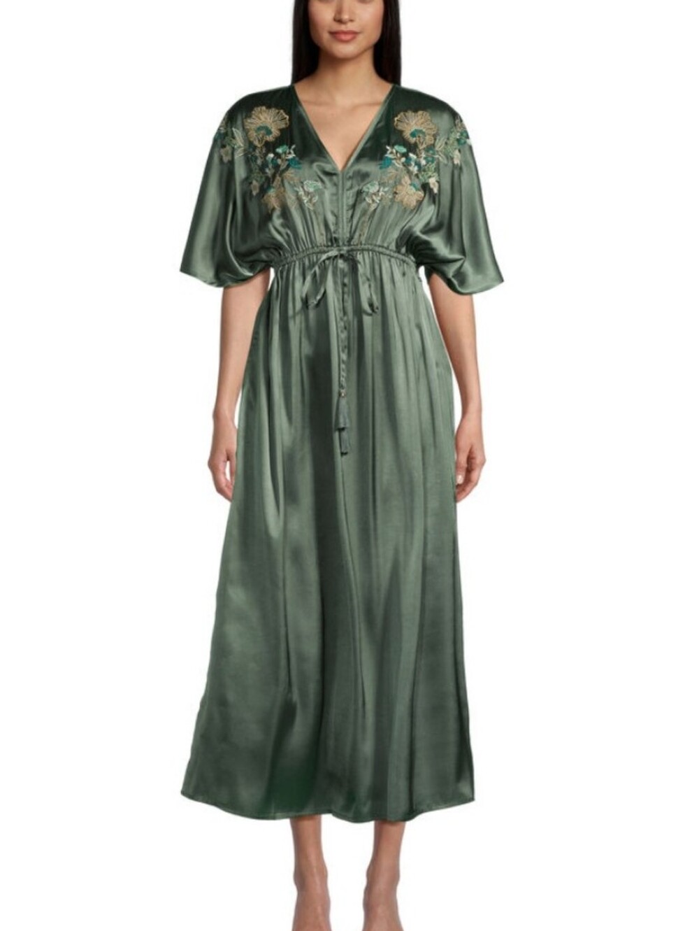World Market Emerald Green Embroidered V-Neck Maxi Dress